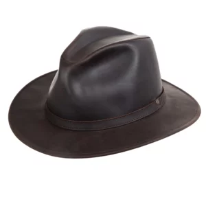 Chapeau en cuir modèle australien, couleur marron foncé, aile 7cm