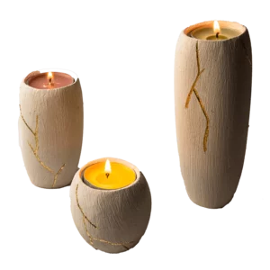 Tris di porta candele in pietra leccese, Linea Kintsugi