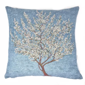 Federa cuscino shabby chic in gobelin blu con albero, 44×44cm