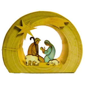 Höhlenkrippe aus laserbearbeitetem Kastanienholz