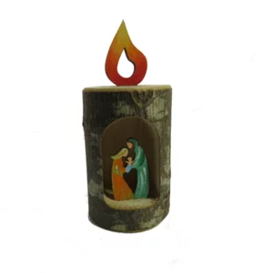 Presepe decorato a mano in castagno a forma di candelina, 11cm