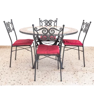 Table en pierre de lave avec céramique Caltagirone décorée à la main avec 4 chaises en fer, dm 120cm