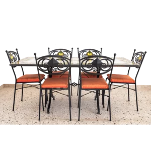 Tavolo in pietra lavica con ceramica di Caltagirone decorato a mano con 6 sedie, 180x90cm