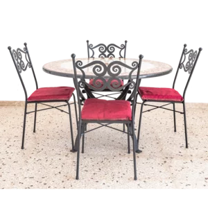 Tavolo in pietra lavica con ceramica di Caltagirone decorato a mano con 4 sedie, dm 120cm