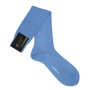 Chaussettes longues côtelées pour homme, 100% fil d'écosse, coloris bleu clair