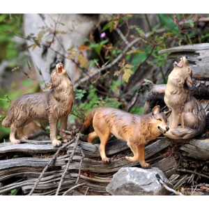 Gruppo di 3 lupi scolpiti in legno, 6,5 e 8cm