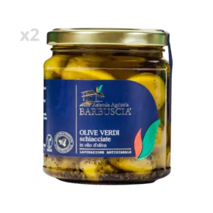 Olive verdi schiacciate in olio d’oliva, 2x280g