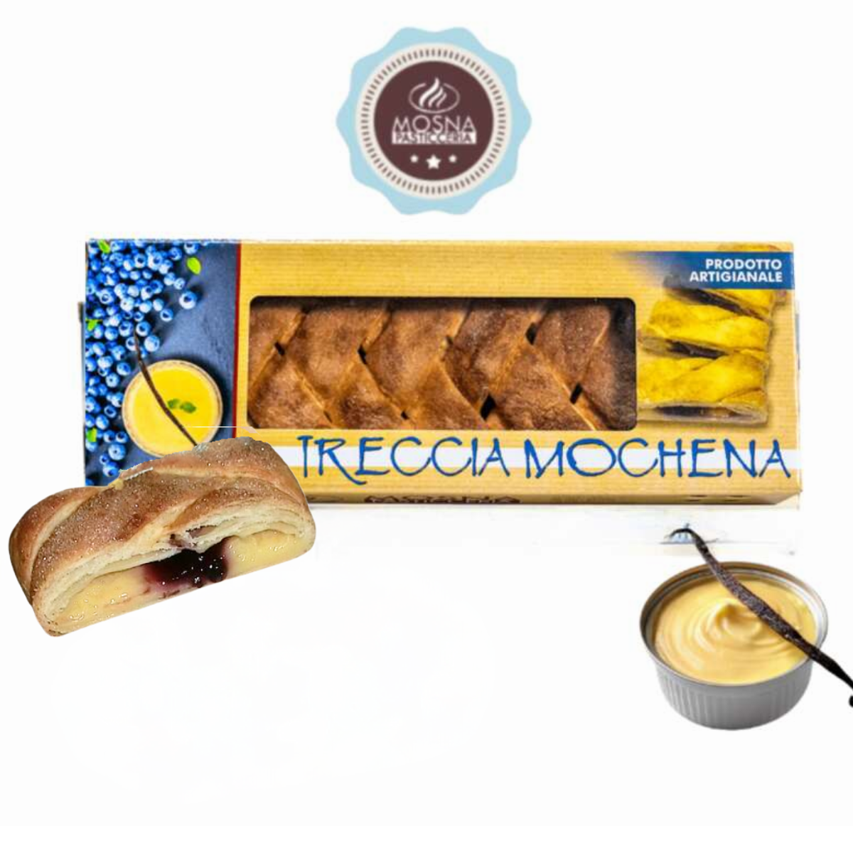 Treccia con crema pasticcera e confettura di mirtilli, 700g