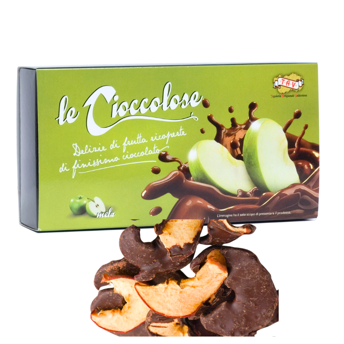 Cioccolose mele: mele disidratate ricoperte di cioccolato, 100g