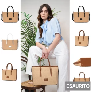 Maraya, tote bag in rafia e pelle con tracolla