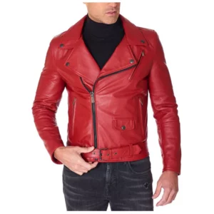 Blouson biker homme en cuir rouge avec ceinture