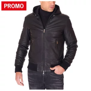 Blouson homme en cuir noir à capuche, Biancolino