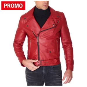 Blouson biker homme en cuir rouge avec ceinture