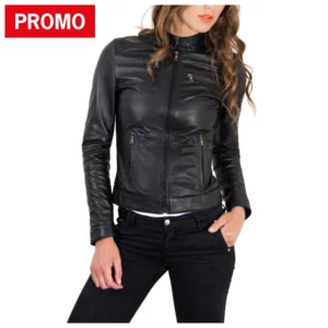Blouson motard femme en cuir lisse noir