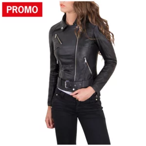 Blouson motard femme en cuir lisse noir