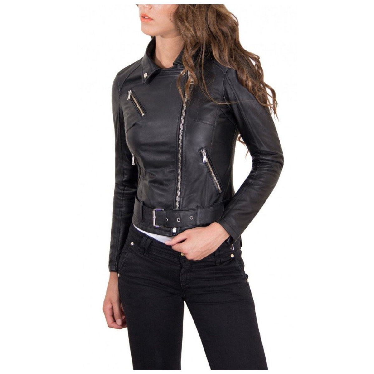 Veste en cuir femme avec ceinture noire