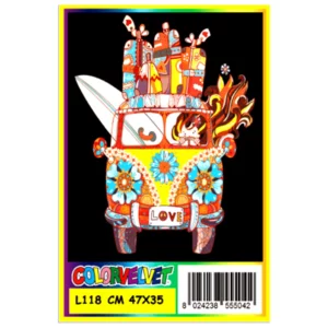 Quadro large con disegno in velluto da colorare: Pulmino Hippie, 47x35cm