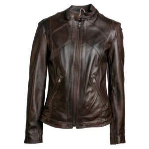 Blouson en cuir marron foncé pour femme, modèle Sofia