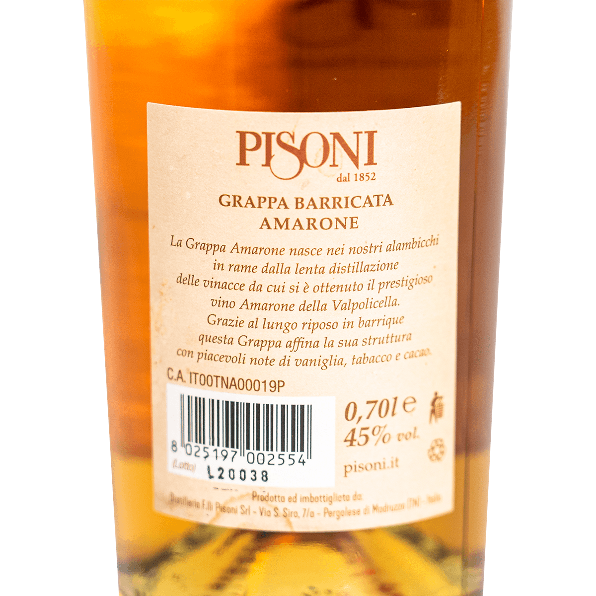 Grappa Barricata di Amarone Pisoni, 24 mesi di invecchiamento, 700ml