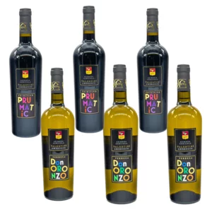 Mix box, vino rosso Primitivo Prumatic 3x750ml, vino bianco Verdeca Don Oronzo 3x750ml