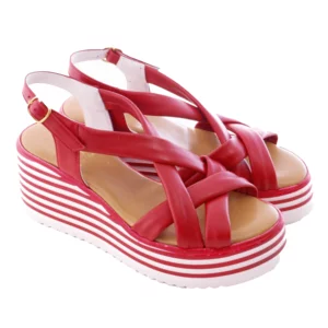 Sandales compensées en cuir pour femmes, couleur rouge