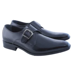 Scarpe eleganti uomo, in nero lucido, con fibbia in pelle