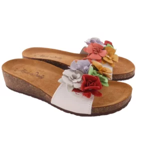 Babouche en cuir blanc avec réglage velcro et fleurs multicolores