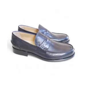 Mocassini uomo college in pelle tamponata blu e  cuoio cucito blake rapida