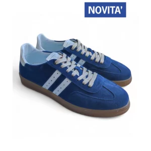 Sneakers allacciate uomo in pelle scamosciata blu con riporti bianchi e fondo gomma cucito