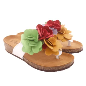 Infradito in pelle bianca con applicazioni di fiori in pelle multicolor