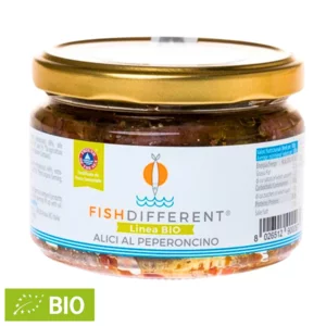 Anchois entiers au piment dans l'huile d'olive extra vierge biologique, 250g