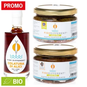 Box Fata Morgana: alici al peperoncino, 500g, alacce, 500g e colatura di alici, 100ml