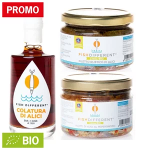 Box Riace: filetto di alici, alici al peperoncino, 2x250g e colatura di alici, 100ml