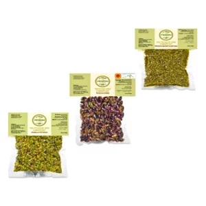 Tris Pistazienpackungen: ganz, gemahlen und Körner (3x100g)