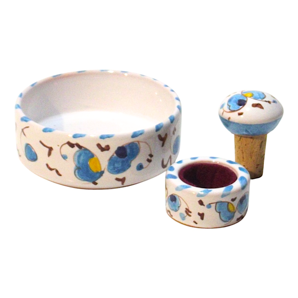 Set da vino in ceramica 3 pezzi: sottobottiglia, anello salva goccia e tappo