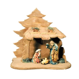 Heilige Familie Krippe mit Hütte aus Ahornholz, mit Öl gefärbt, 6cm