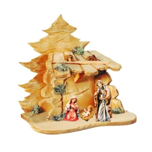 Presepe con Sacra Famiglia e capanna in legno di acero, colorato a olio, 8cm