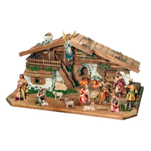 Crèche avec 14 figurines avec cabane en bois d'érable fait main, colorée à l'huile, 8cm