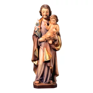 San Giuseppe con bambino Gesù e giglio in legno, colorato a olio, 15cm