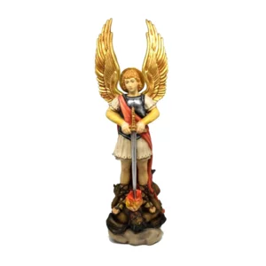 San Michele con spada e diavolo in legno, colorato a olio, 12cm