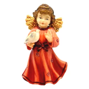 Ange en bois sculpté avec colombe, rouge, 8cm