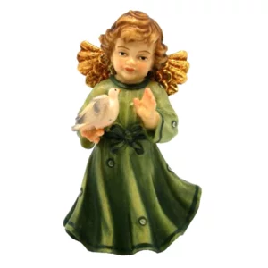 Ange en bois sculpté avec colombe, vert, 8cm