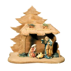 Natività Sacra Famiglia con capanna in legno di acero, colorato a olio, 10cm