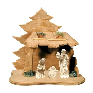 Natività Sacra Famiglia con capanna in legno di acero, naturale, 8cm