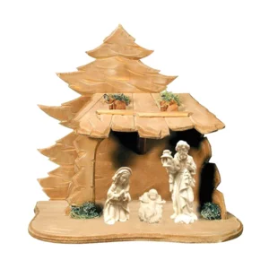 Natività Sacra Famiglia con capanna in legno di acero, naturale, 10cm