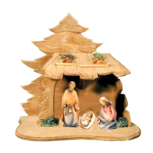 Sacra Famiglia per presepe in legno di acero con Capanna, colorato a olio, 16cm