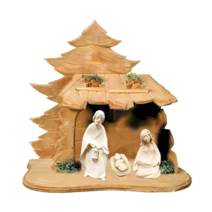 Sacra Famiglia per presepe in legno di acero con Capanna, naturale, 12cm