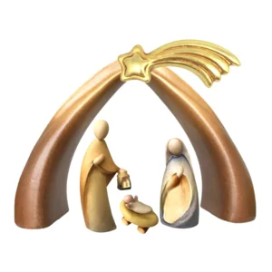 Sacra Famiglia Moderna scolpita in legno di acero, colorato a olio, 16cm