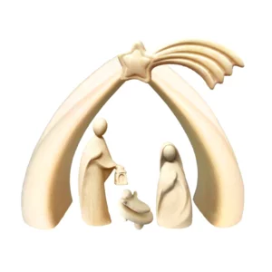 Sacra Famiglia Moderna scolpita in legno di acero, naturale, 16cm