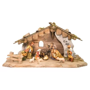 Presepe da 12 figure e Capanna in legno di acero, colorato a olio, 14cm